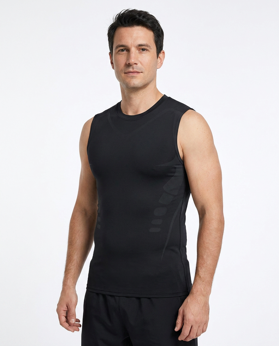 Débardeur compression sport homme noir porté – Aplomb