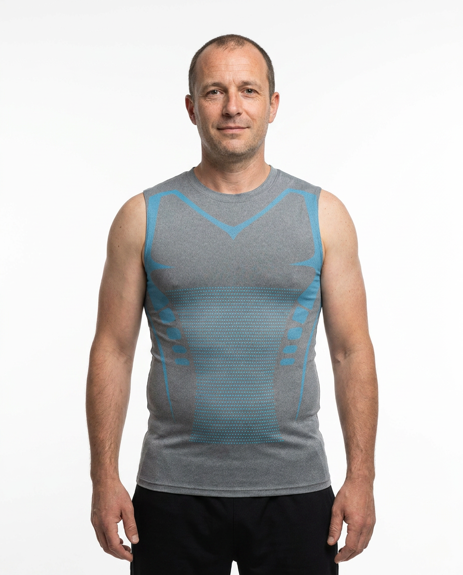Débardeur compression sport homme gris bleu porté – Aplomb